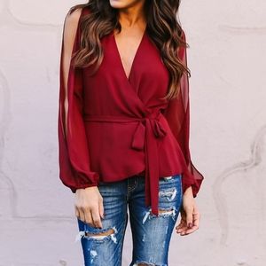Red Open Sleeve Tie-Front Blouse